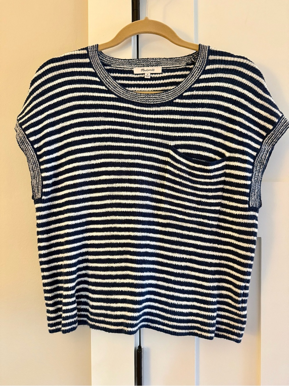 Madewell Cotton Blue/White Stripe Crew Neck Semi Crop Sleeveless Sweater M